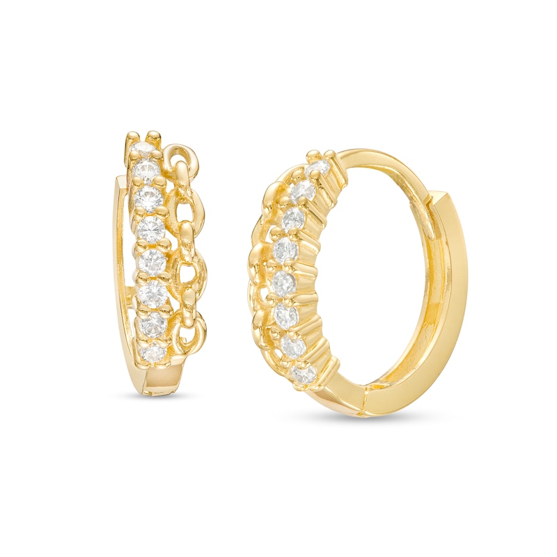 Cubic Zirconia Curb Chain Link Huggie Hoop Earrings in 10K Gold