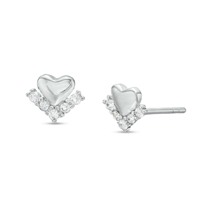 Cubic Zirconia Mini Heart Stud Earrings in Sterling Silver
