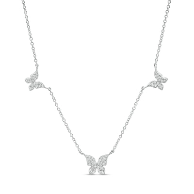 Solid Sterling Silver CZ Triple Butterfly Station Necklace - 16" + 2"