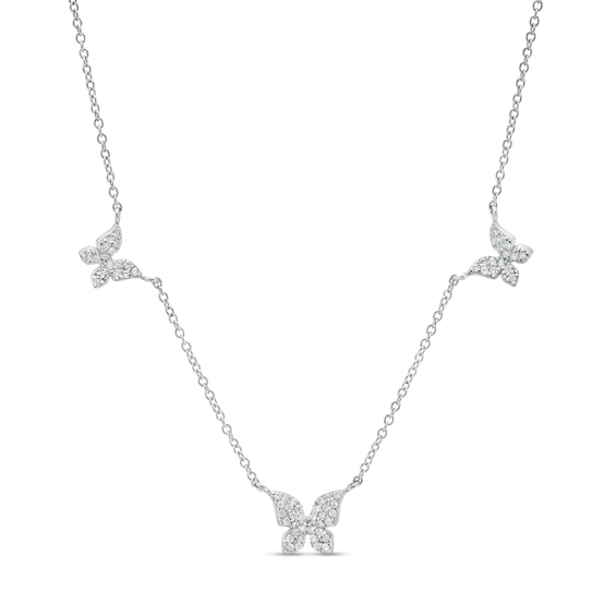 Cubic Zirconia Triple Butterfly Station Necklace in Sterling Silver - 16"