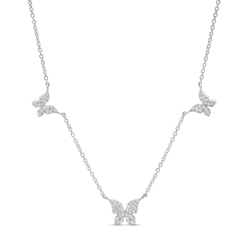 Cubic Zirconia Triple Butterfly Station Necklace in Sterling Silver - 16"