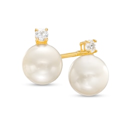 Cubic Zirconia and Cultured Freshwater Pearl Stud Earrings in 10K Gold