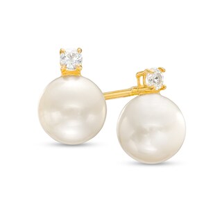 Cubic Zirconia and Freshwater Cultured Pearl Stud Earrings in 10K Gold