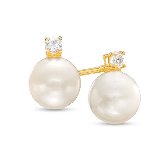 Cubic Zirconia and Freshwater Cultured Pearl Stud Earrings in 10K Gold