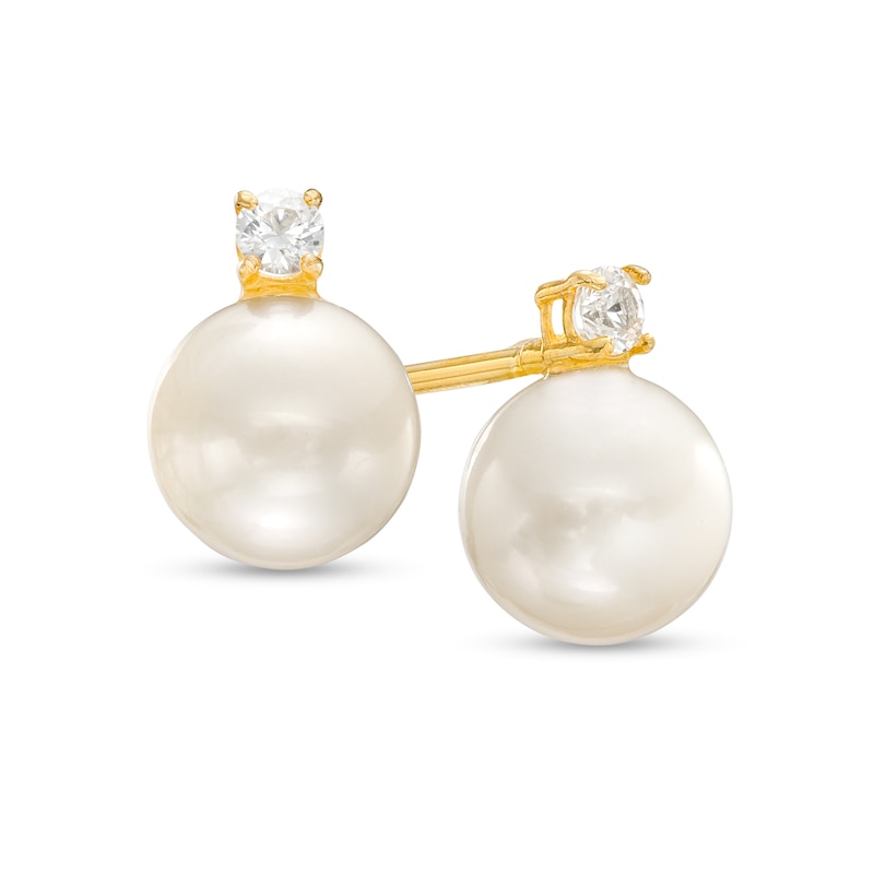 Cubic Zirconia and Freshwater Cultured Pearl Stud Earrings in 10K Gold
