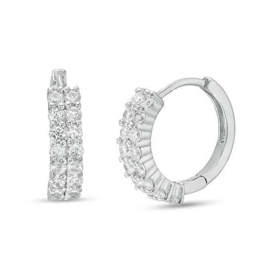 Cubic Zirconia Two Row Huggie Hoop Earrings in Sterling Silver