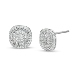 Cubic Zirconia Baguette and Round Pavé Center Stud Earrings in Sterling Silver