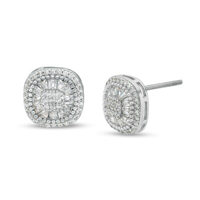 Solid Sterling Silver CZ Baguette and Round Pavé Cushion Composite Studs