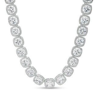 Cubic Zirconia Round Halo Stack Tennis Necklace in Sterling Silver - 20"