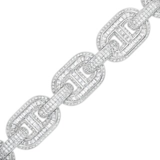 Solid Sterling Silver Baguette and Round CZ Oval Chain Link Bracelet - 8.5"