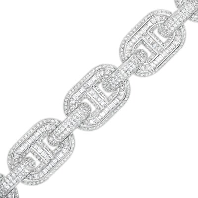 Solid Sterling Silver Baguette and Round CZ Oval Chain Link Bracelet - 8.5"
