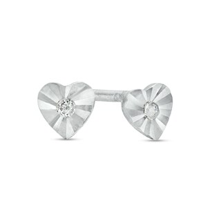 Sterling Silver CZ Diamond-Cut Mini Heart Studs