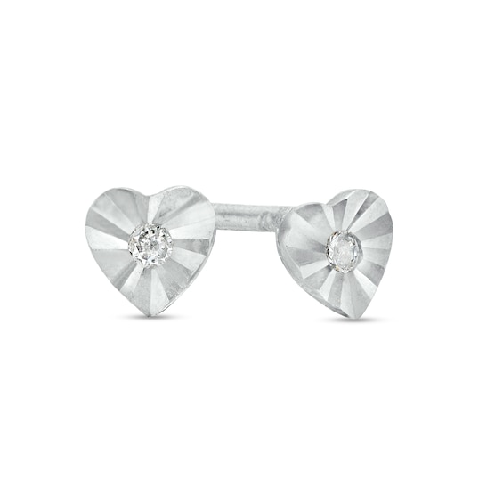 Sterling Silver CZ Diamond-Cut Mini Heart Studs