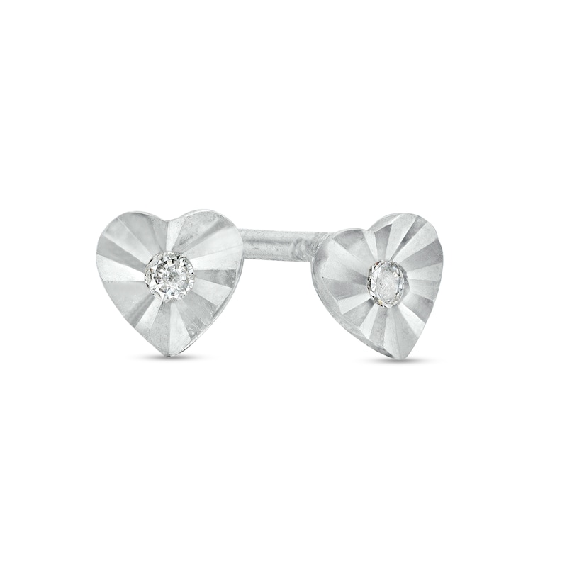 Sterling Silver CZ Diamond-Cut Mini Heart Studs