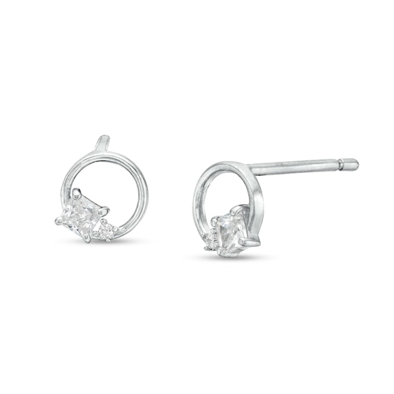 Cubic Zirconia Square Stone Open Circle Stud Earrings in Sterling Silver