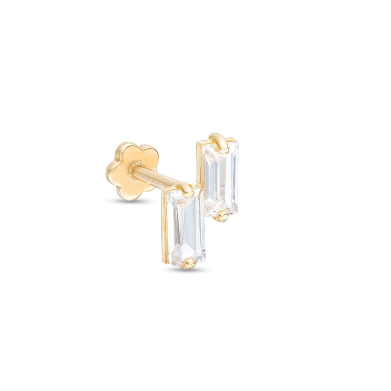 14K Gold CZ Double Baguette Stud - 18G 5/16"