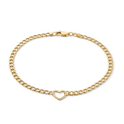 10K Hollow Gold Diamond-Cut Heart Chain Bracelet - 7.5"