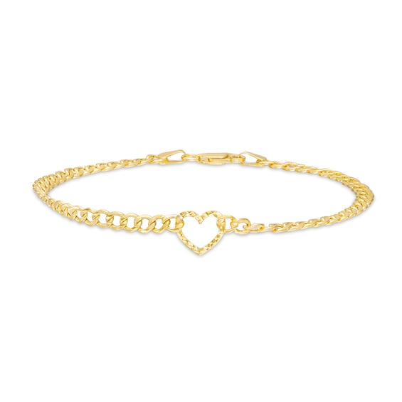 10K Hollow Gold Diamond-Cut Heart Chain Bracelet