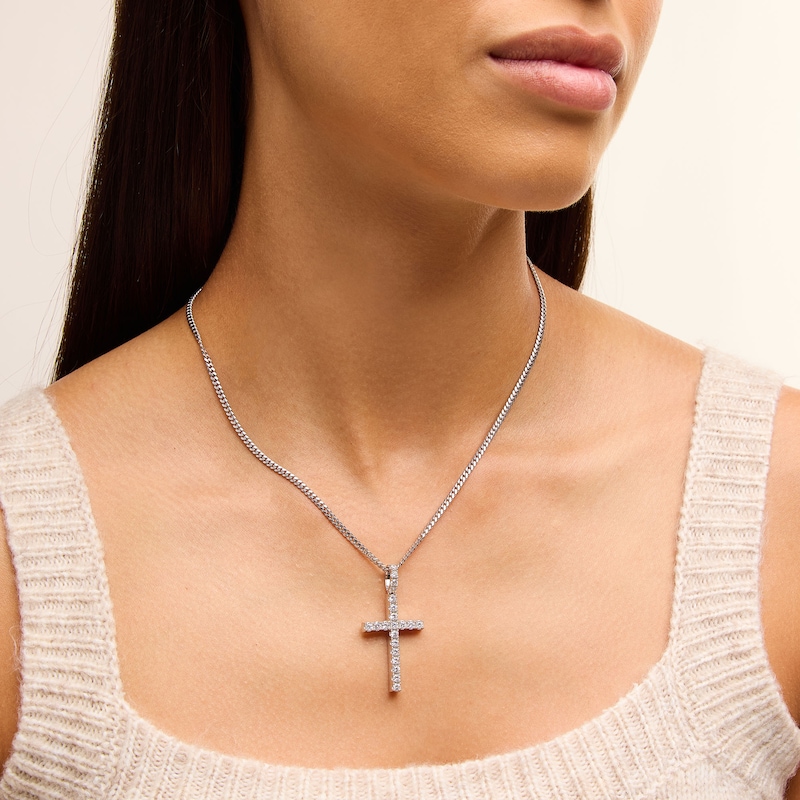 Main Image 2 of Cubic Zirconia Shared Prong Cross Necklace Charm in Solid Sterling Silver