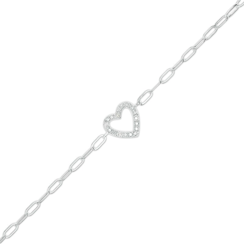 Main Image 1 of 1/20 CT. T.W. Diamond Heart Paper Clip Bracelet in Sterling Silver - 7"
