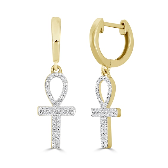 1/6 CT. T.W. Diamond Ankh Huggie Hoop Dangle Earrings in 10K Gold