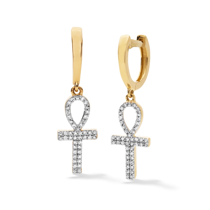 1/6 CT. T.W. Diamond Ankh Huggie Hoop Dangle Earrings in 10K Gold