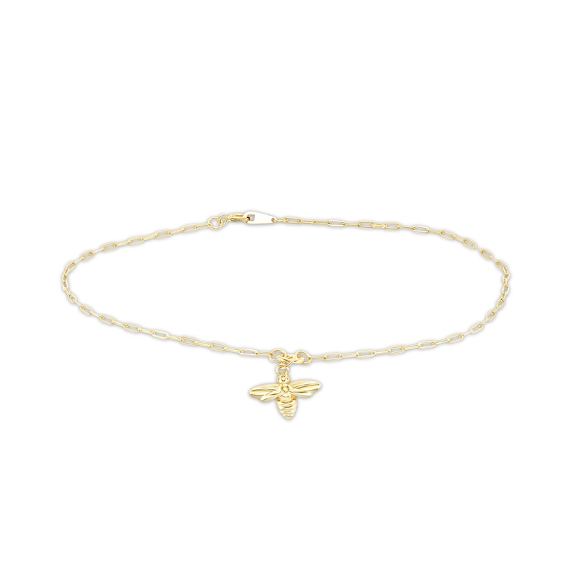 Main Image 1 of Bee Charm Paper Clip Chain Anklet in 10K Gold - 9&quot; + 1&quot;