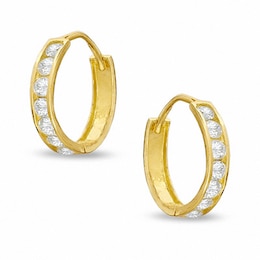 Cubic Zirconia Seven Stone 13mm Huggie Earrings in Solid Sterling Silver with 14K Gold Plate