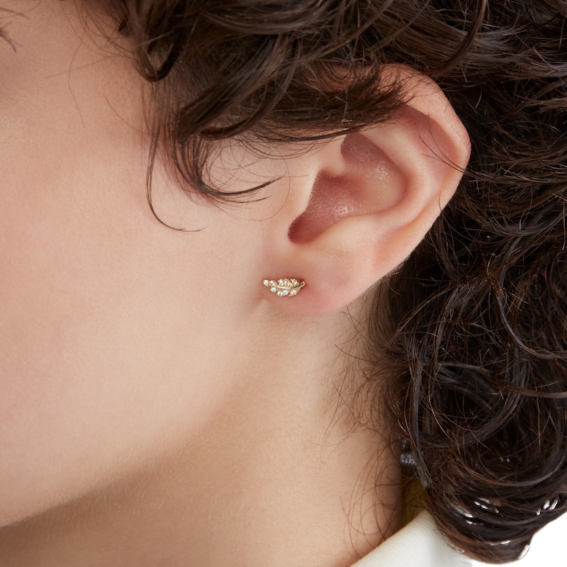 Cubic Zirconia Leaf Stud Earrings in Sterling Silver with 14K Gold Plate