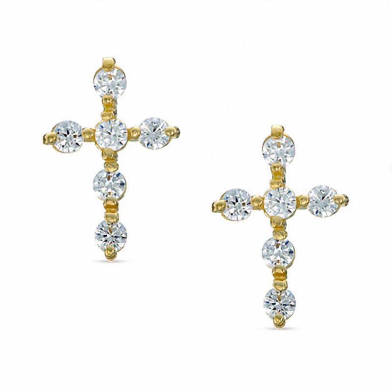 Cubic Zirconia Cross Stud Earrings in Sterling Silver with 14K Gold Plate