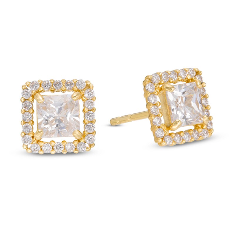 Main Image 1 of 4mm Cubic Zirconia Square Halo Stud Earrings in Sterling Silver with 14K Gold Plate