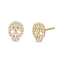 Cubic Zirconia Skull Stud Earrings in Sterling Silver with 14K Gold Plate