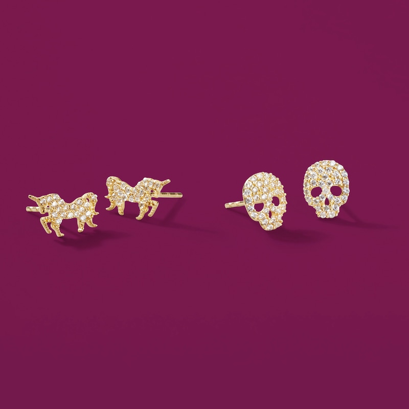 Cubic Zirconia Skull Stud Earrings in Sterling Silver with 14K Gold Plate