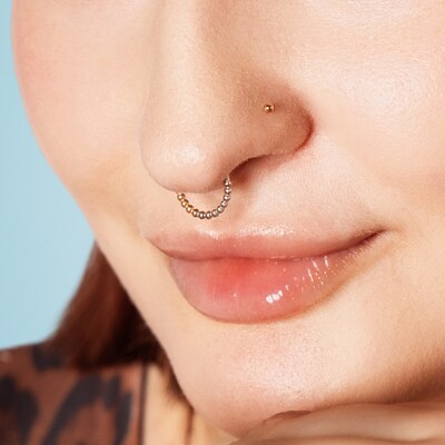 14K Gold Two-Tone Beaded Hoop - 16G 3/8"