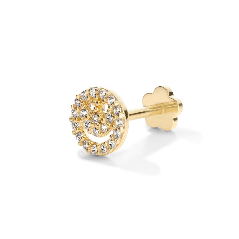 14K Solid Gold CZ Smiley Face Stud - 18G 5/16"