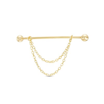 14K Gold Double Chain Dangle Industrial Barbell - 16G 1 3/8"