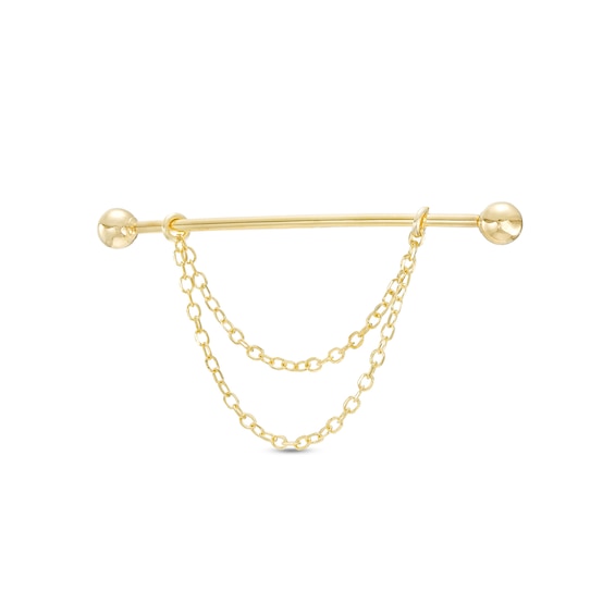 14K Gold CZ Double Chain Dangle Industrial Barbell - 16G 1 3/8"