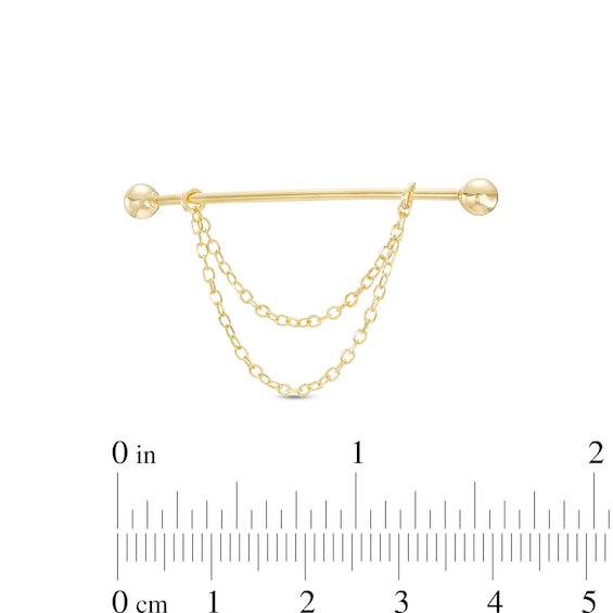 14K Gold Double Chain Dangle Industrial Barbell - 16G 1 3/8"