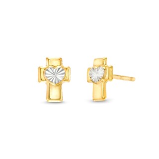 10K Semi-Solid Gold Heart Center Cross Two-Tone Studs