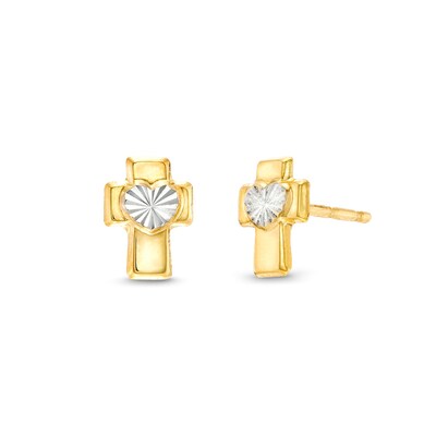 10K Semi-Solid Gold Heart Center Cross Two-Tone Studs