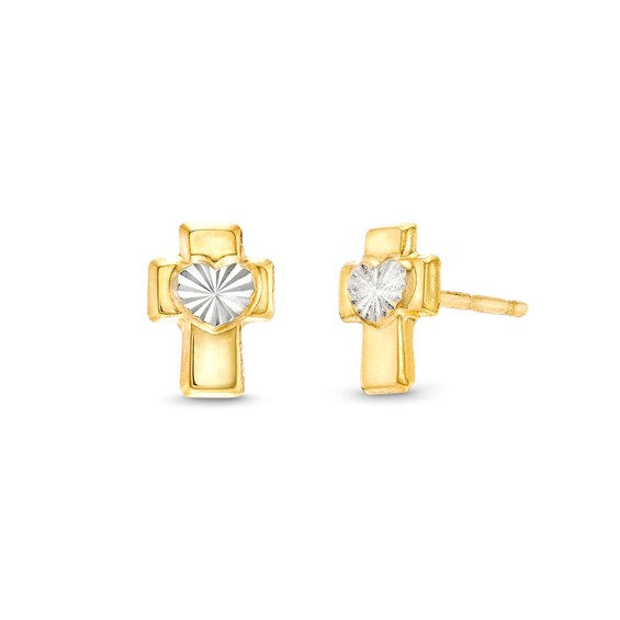 10K Semi-Solid Gold Heart Center Cross Two-Tone Studs