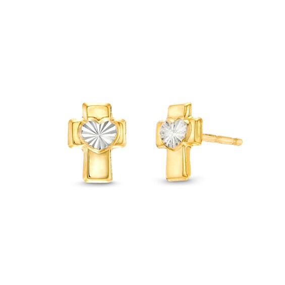 Heart Center Cross Two-Tone Earrings in 10K Semi-Solid Gold