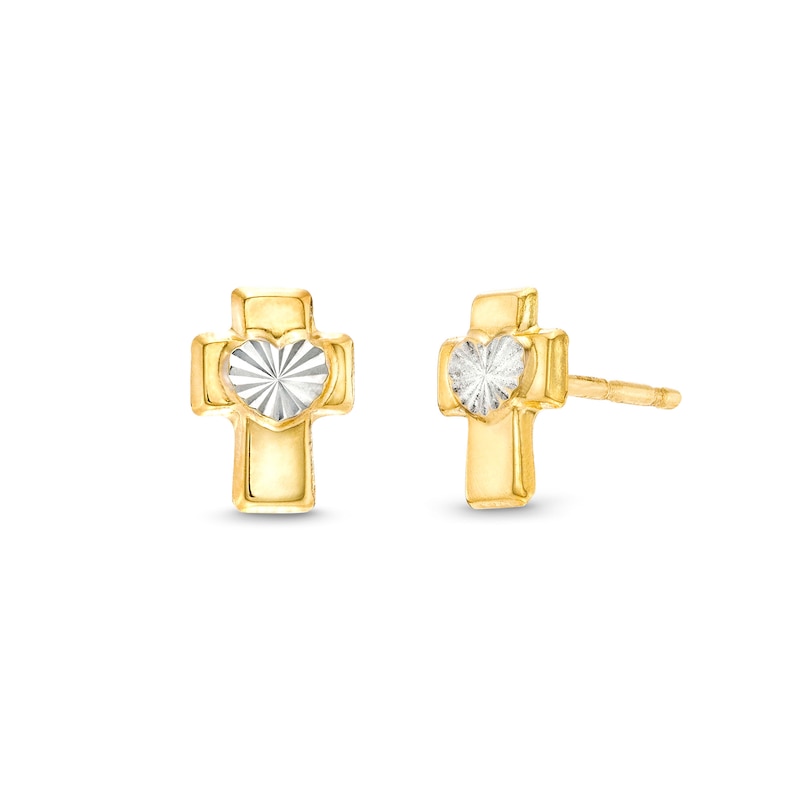 10K Semi-Solid Gold Heart Center Cross Two-Tone Studs