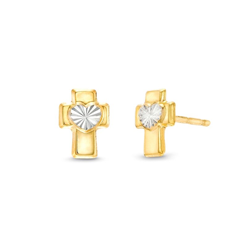 Heart Center Cross Two-Tone Earrings in 10K Semi-Solid Gold