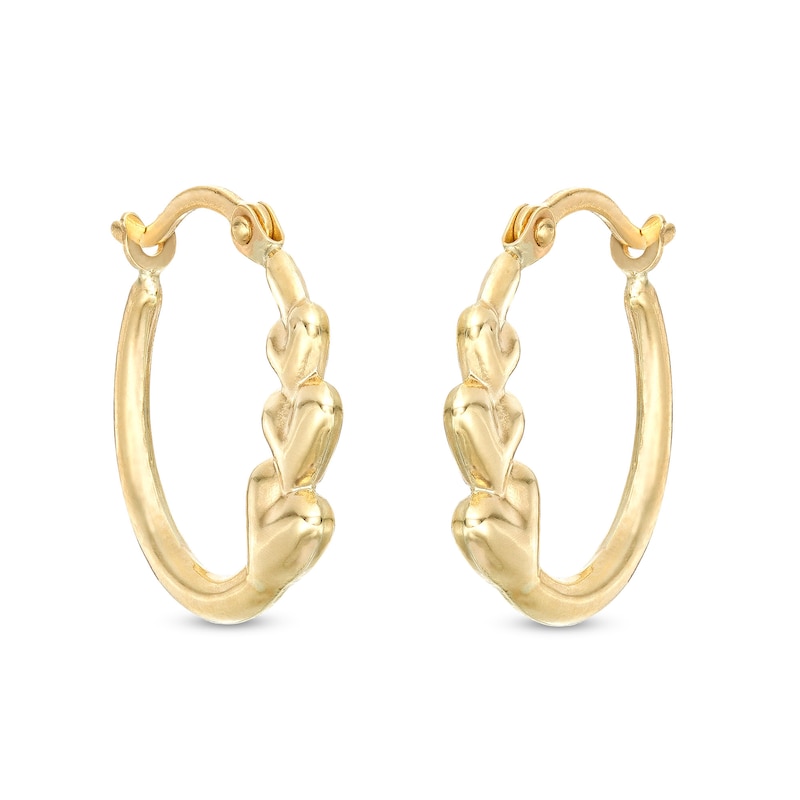 Three Heart Hoop Earrings in 10K Hollow Gold