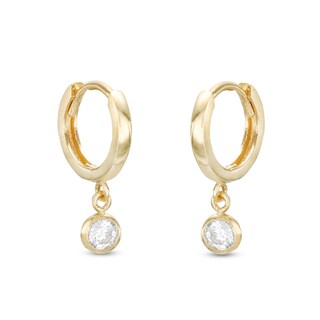 Cubic Zirconia Bezel Drop Huggie Hoop Earrings in 10K Gold