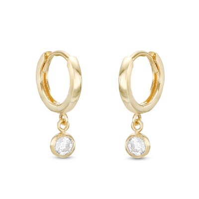 Cubic Zirconia Bezel Drop Huggie Hoop Earrings in 10K Gold