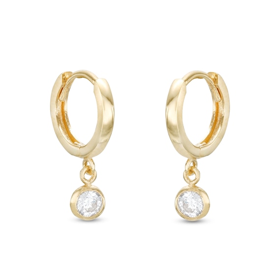 Cubic Zirconia Bezel Drop Huggie Hoop Earrings in 10K Gold