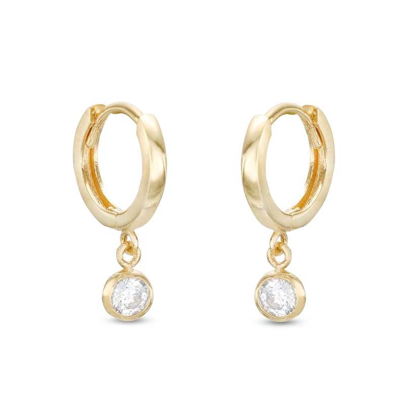 Cubic Zirconia Bezel Drop Huggie Hoop Earrings in 10K Gold