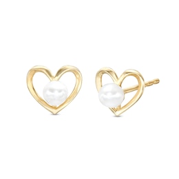 Cultured Freshwater Pearl Center Heart Earrings in 10K Hollow Gold